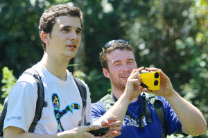 Jack Humiston '15 and David Chambers '14 measure clearings in the cloud forest using a GPS unit and a laser range finder. This allows them to calculate areas of deforestation. The students worked on this project with an alum, Ian Pope.
