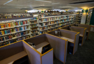 Throughout its 30-year history, the University of Mary Washington’s Simpson Library has kept up with changing times and evolving technology. Its current collection claims online journals, a greater collection of electronic books than those in print and modern entities like the ThinkLab and Digital Archiving Lab. Photo by Norm Shafer.