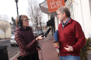 UMW Professor of Geography Steve Hanna, seen here during a 2018 interview for ‘With Good Reason’ radio, was the lead author on a journal article that won the prestigious Zumkehr Prize for Scholarship in Public Memory. Hanna’s research involves ‘narrative mapping’ applied at Southern plantation museums to determine how the South tells its story about slavery. Photo by Karen Pearlman.