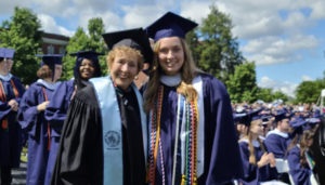 Ruth Ann Foiles Brunet &rsquo;62 and granddaughter Abby Tank &rsquo;24 at UMW&rsquo;s Commencement in May. They attended Mary Washington more than six decades apart, but Abby&rsquo;s beloved &lsquo;Meena&rsquo; was a constant presence on campus during her four years at UMW. Photo courtesy of Abby Tank and Ruth Ann Foiles Brunet.